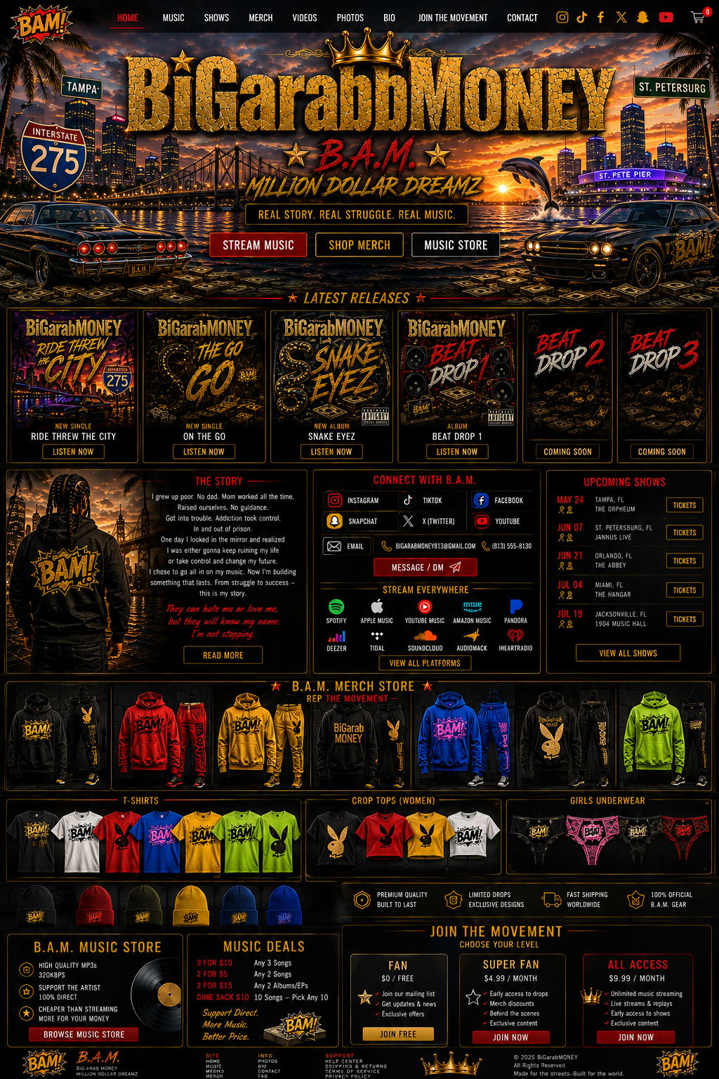 Original B.A.M. clothing collection including hoodies, tees, crop tops, underwear and beanies