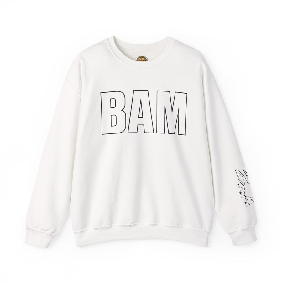 BAM Graphic Crewneck Sweatshirt – Minimal Bold Lettering with Sleeve Illustration