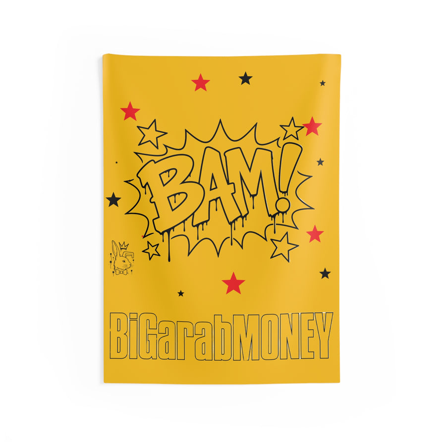 BAM! Yellow Pop Art Wall Tapestry — 'BiGarabMONEY' Graphic Accent