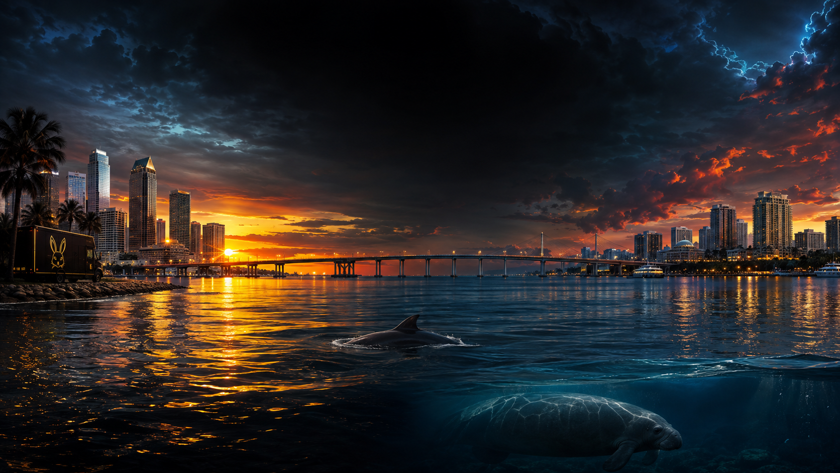 Tampa Bay and St. Petersburg waterfront at sunset